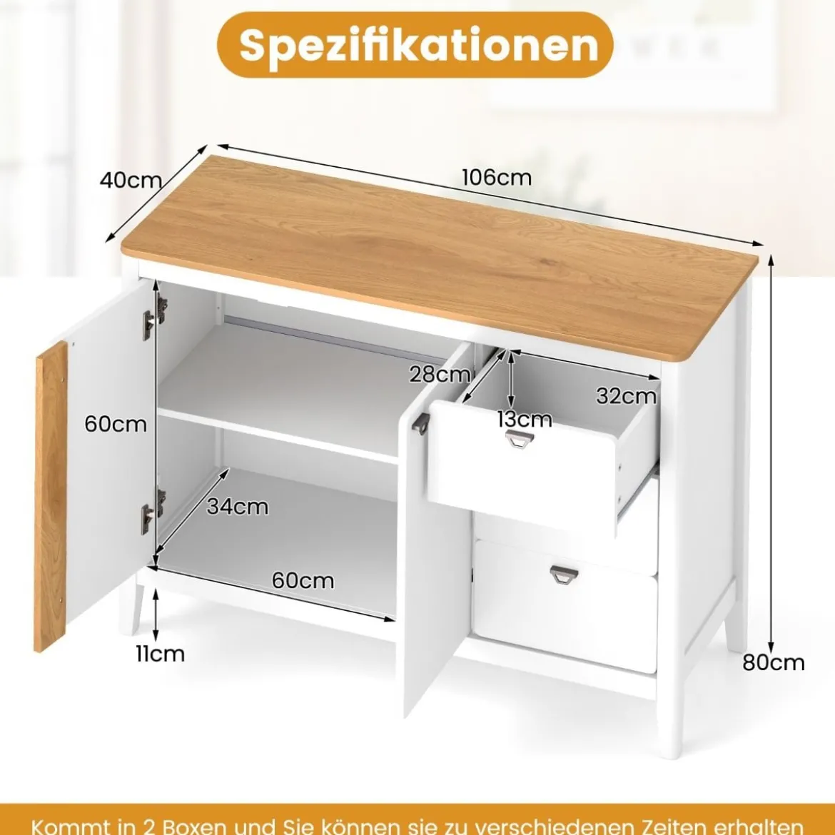 Küchenschrank mit 2 Türen & 3 Schubladen Holz Sideboard Buffetschrank 106 x 40 x 80 cm