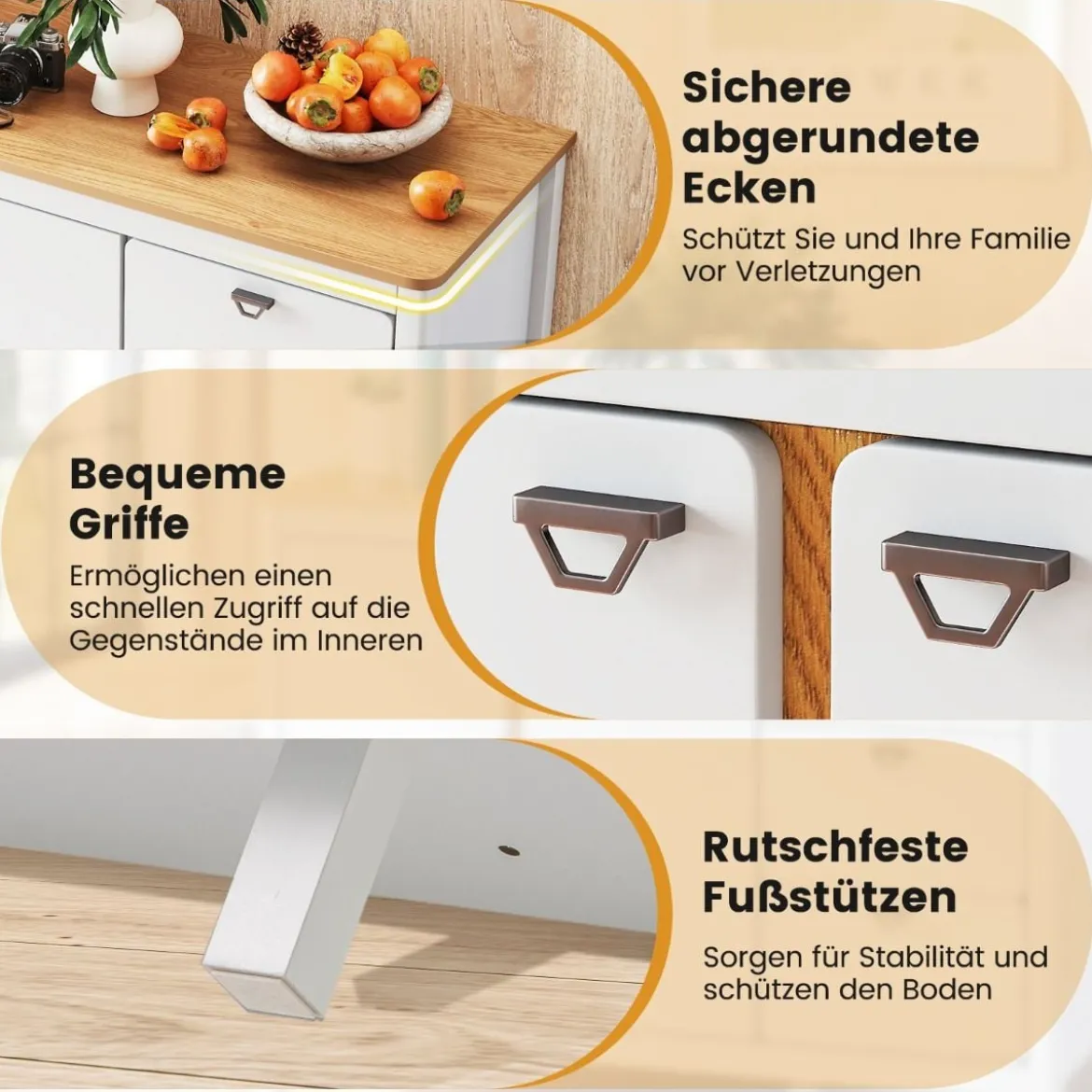 Küchenschrank mit 2 Türen & 3 Schubladen Holz Sideboard Buffetschrank 106 x 40 x 80 cm
