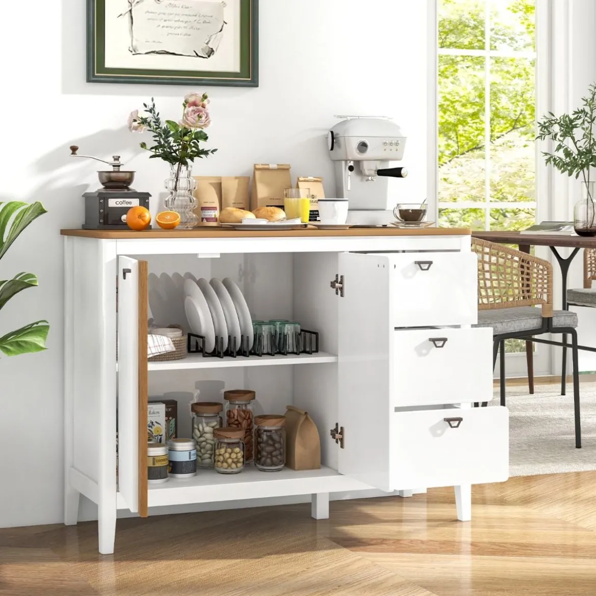 Küchenschrank mit 2 Türen & 3 Schubladen Holz Sideboard Buffetschrank 106 x 40 x 80 cm