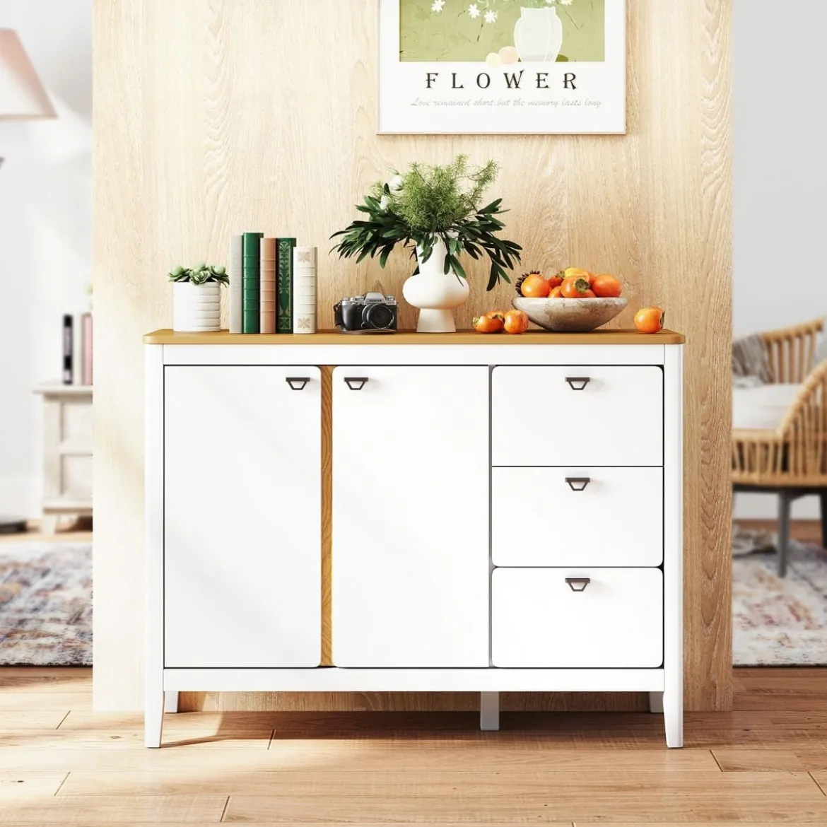 Küchenschrank mit 2 Türen & 3 Schubladen Holz Sideboard Buffetschrank 106 x 40 x 80 cm