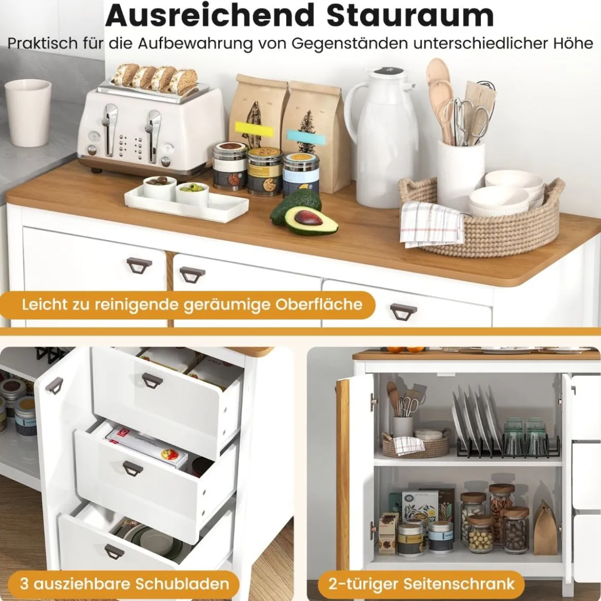 Küchenschrank mit 2 Türen & 3 Schubladen Holz Sideboard Buffetschrank 106 x 40 x 80 cm