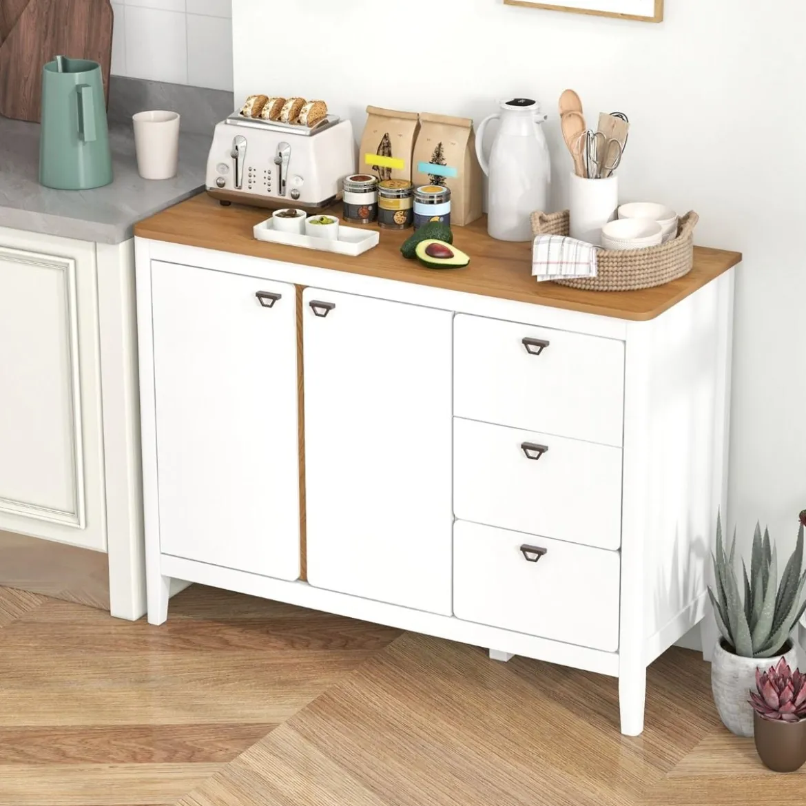 Küchenschrank mit 2 Türen & 3 Schubladen Holz Sideboard Buffetschrank 106 x 40 x 80 cm