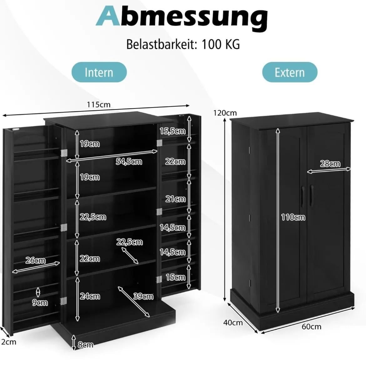 Küchenschrank mit 2 Türen & 6 Verstellbaren Einlegeböden Vorratsschrank 60 x 40 x 120,5 cm
