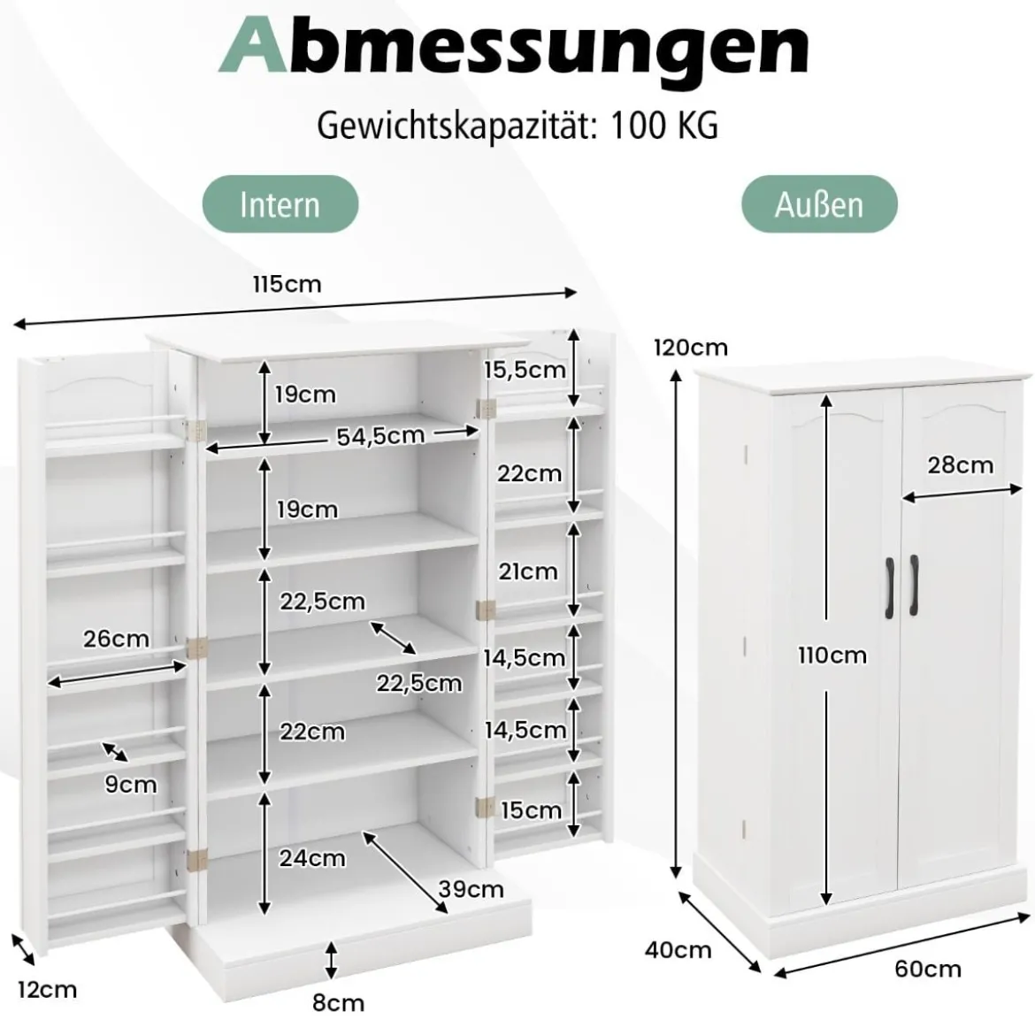Küchenschrank mit 2 Türen & 6 Verstellbaren Einlegeböden Vorratsschrank 60 x 40 x 120,5 cm