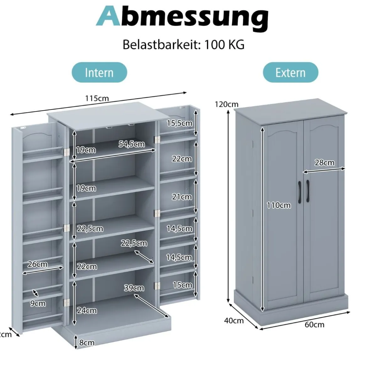 Küchenschrank mit 2 Türen & 6 Verstellbaren Einlegeböden Vorratsschrank 60 x 40 x 120,5 cm