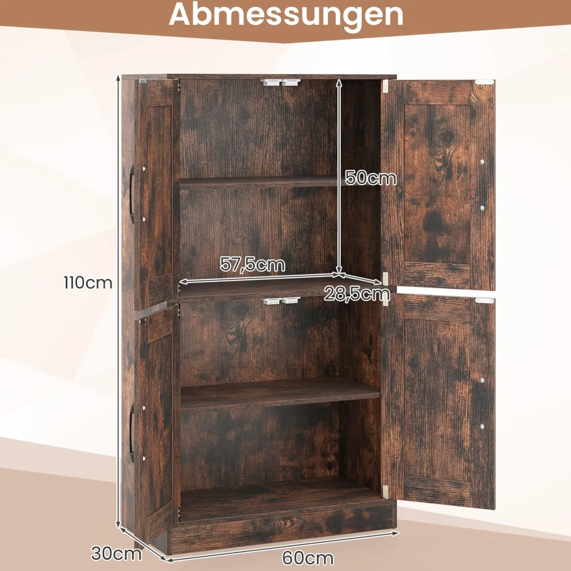 Küchenschrank mit 4 Türen & Verstellbaren Regalen Buffetschrank Vorratsschrank Braun