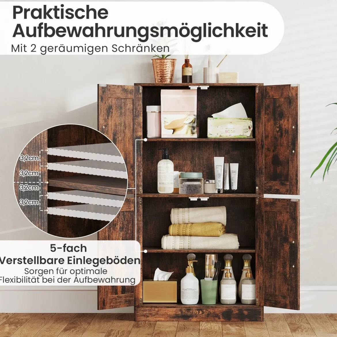Küchenschrank mit 4 Türen & Verstellbaren Regalen Buffetschrank Vorratsschrank Braun