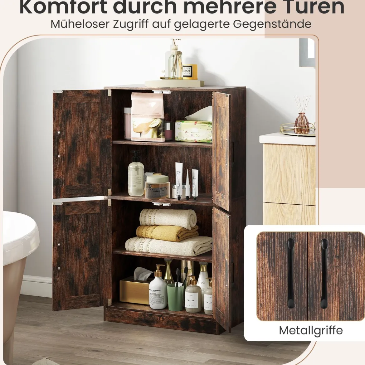 Küchenschrank mit 4 Türen & Verstellbaren Regalen Buffetschrank Vorratsschrank Braun