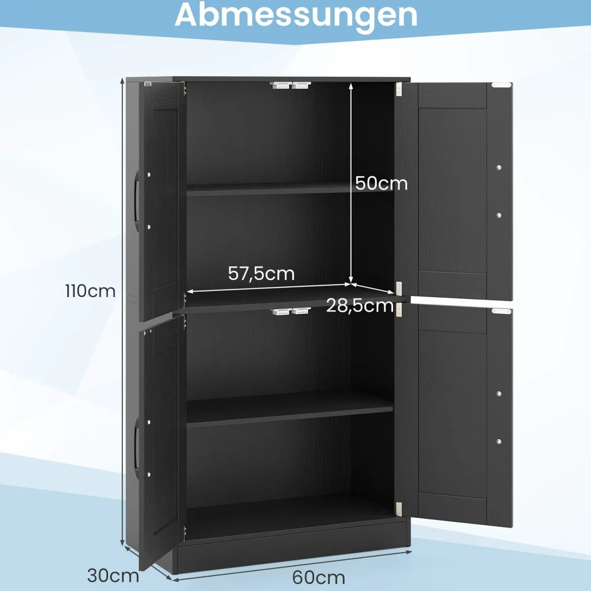 Küchenschrank mit 4 Türen & Verstellbaren Regalen Buffetschrank Vorratsschrank Schwarz
