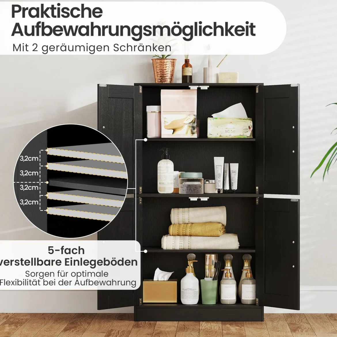 Küchenschrank mit 4 Türen & Verstellbaren Regalen Buffetschrank Vorratsschrank Schwarz