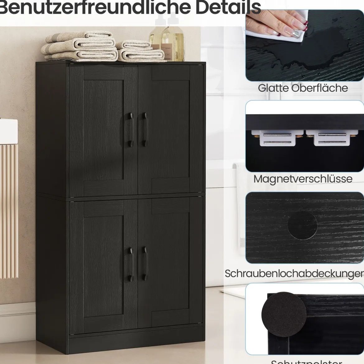 Küchenschrank mit 4 Türen & Verstellbaren Regalen Buffetschrank Vorratsschrank Schwarz