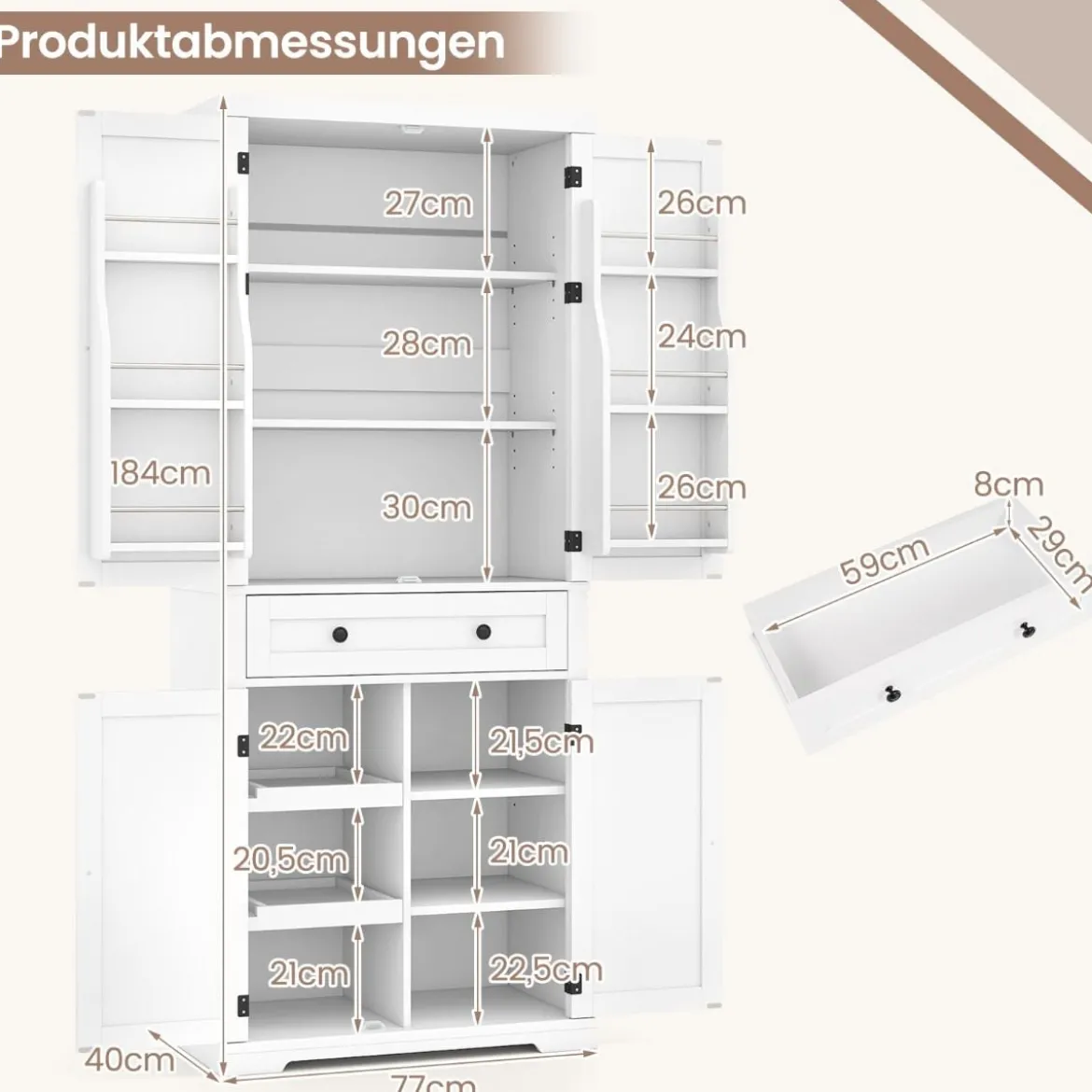 Küchenschrank mit 4 Verstellbaren Einlegeböden & Großer Schublade & 4 Türen Buffetschrank Weiß