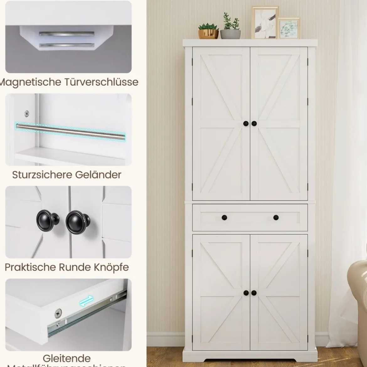 Küchenschrank mit 4 Verstellbaren Einlegeböden & Großer Schublade & 4 Türen Buffetschrank Weiß