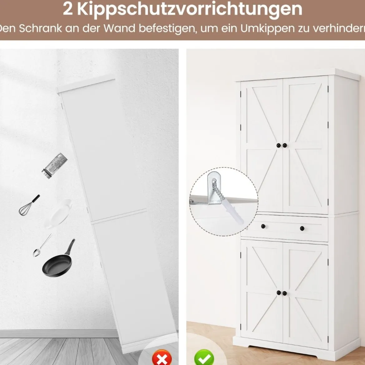 Küchenschrank mit 4 Verstellbaren Einlegeböden & Großer Schublade & 4 Türen Buffetschrank Weiß