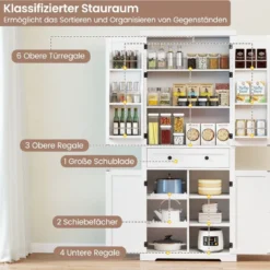 Küchenschrank mit 4 Verstellbaren Einlegeböden & Großer Schublade & 4 Türen Buffetschrank Weiß