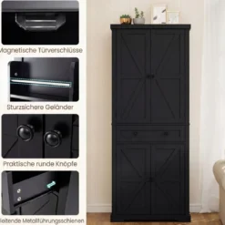 Küchenschrank mit 4 Verstellbaren Einlegeböden & Großer Schublade & 4 Türen Buffetschrank Schwarz