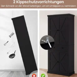 Küchenschrank mit 4 Verstellbaren Einlegeböden & Großer Schublade & 4 Türen Buffetschrank Schwarz