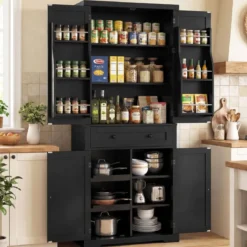 Küchenschrank mit 4 Verstellbaren Einlegeböden & Großer Schublade & 4 Türen Buffetschrank Schwarz