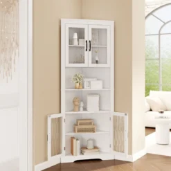 Küchenschrank schmal Eckschrank mit 4 Glastüren und 6 Ablagen 171 cm hoch dreieckiger Buffetschrank Weiß