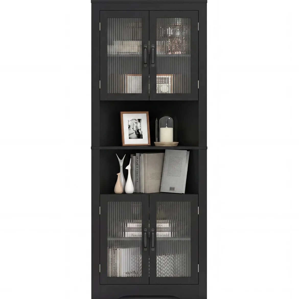 Küchenschrank schmal Eckschrank mit 4 Glastüren und 6 Ablagen 171 cm hoch dreieckiger Buffetschrank Schwarz