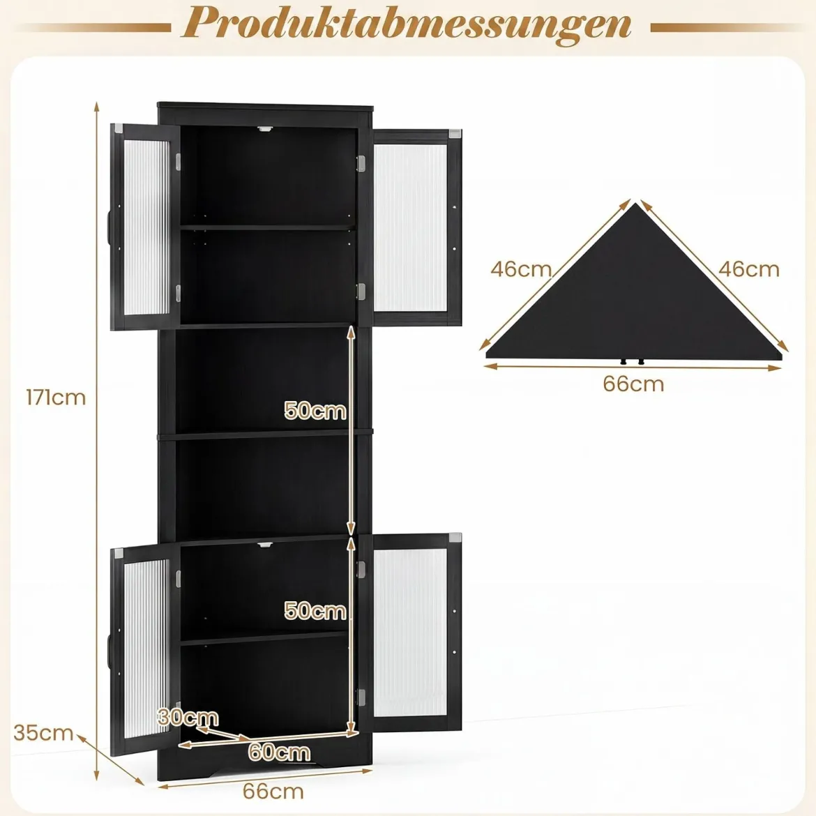 Küchenschrank schmal Eckschrank mit 4 Glastüren und 6 Ablagen 171 cm hoch dreieckiger Buffetschrank Schwarz