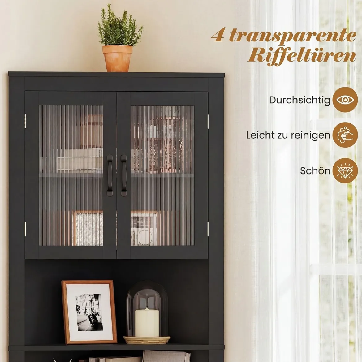 Küchenschrank schmal Eckschrank mit 4 Glastüren und 6 Ablagen 171 cm hoch dreieckiger Buffetschrank Schwarz