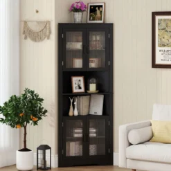 Küchenschrank schmal Eckschrank mit 4 Glastüren und 6 Ablagen 171 cm hoch dreieckiger Buffetschrank Schwarz