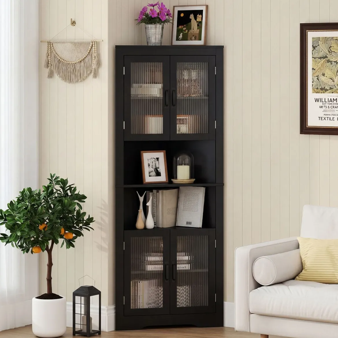 Küchenschrank schmal Eckschrank mit 4 Glastüren und 6 Ablagen 171 cm hoch dreieckiger Buffetschrank Schwarz