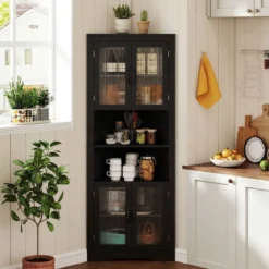 Küchenschrank schmal Eckschrank mit 4 Glastüren und 6 Ablagen 171 cm hoch dreieckiger Buffetschrank Schwarz
