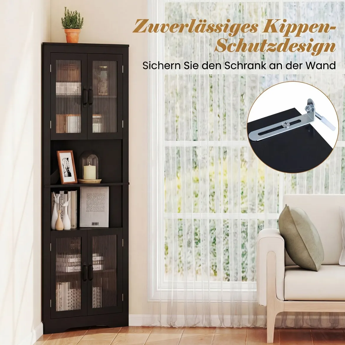 Küchenschrank schmal Eckschrank mit 4 Glastüren und 6 Ablagen 171 cm hoch dreieckiger Buffetschrank Schwarz