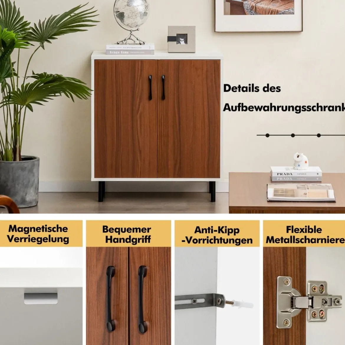 Küchen-Sideboard Buffetschrank aus Holz mit 2 Türen 72 x 40 x 80,5 cm Weiß + Walnuss