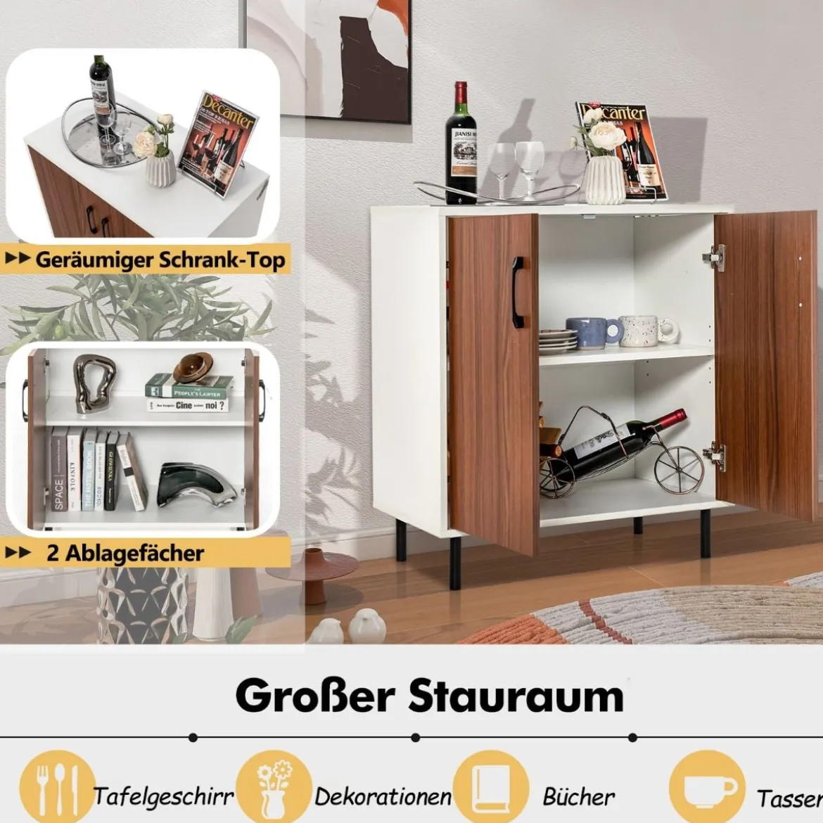 Küchen-Sideboard Buffetschrank aus Holz mit 2 Türen 72 x 40 x 80,5 cm Weiß + Walnuss