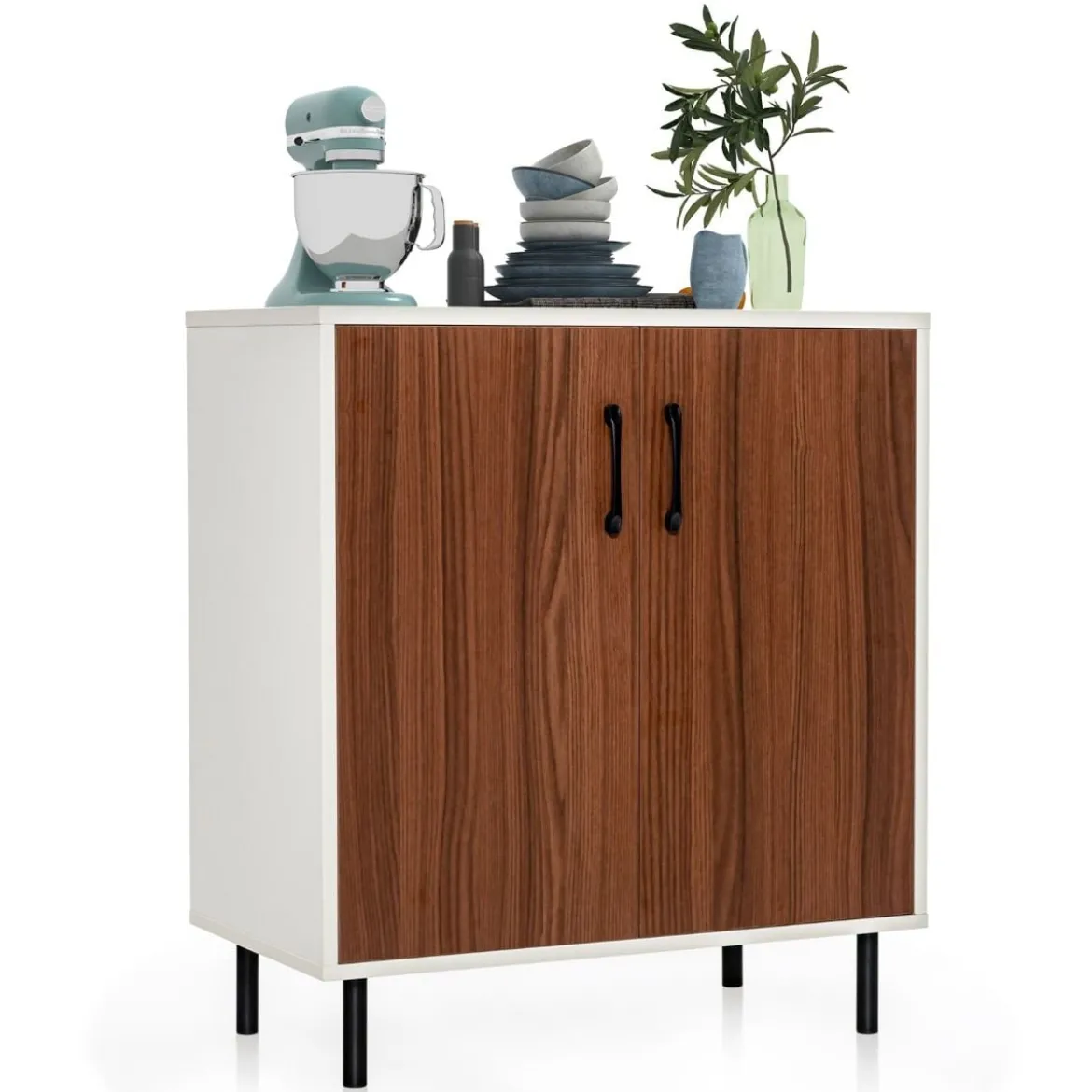 Küchen-Sideboard Buffetschrank aus Holz mit 2 Türen 72 x 40 x 80,5 cm Weiß + Walnuss