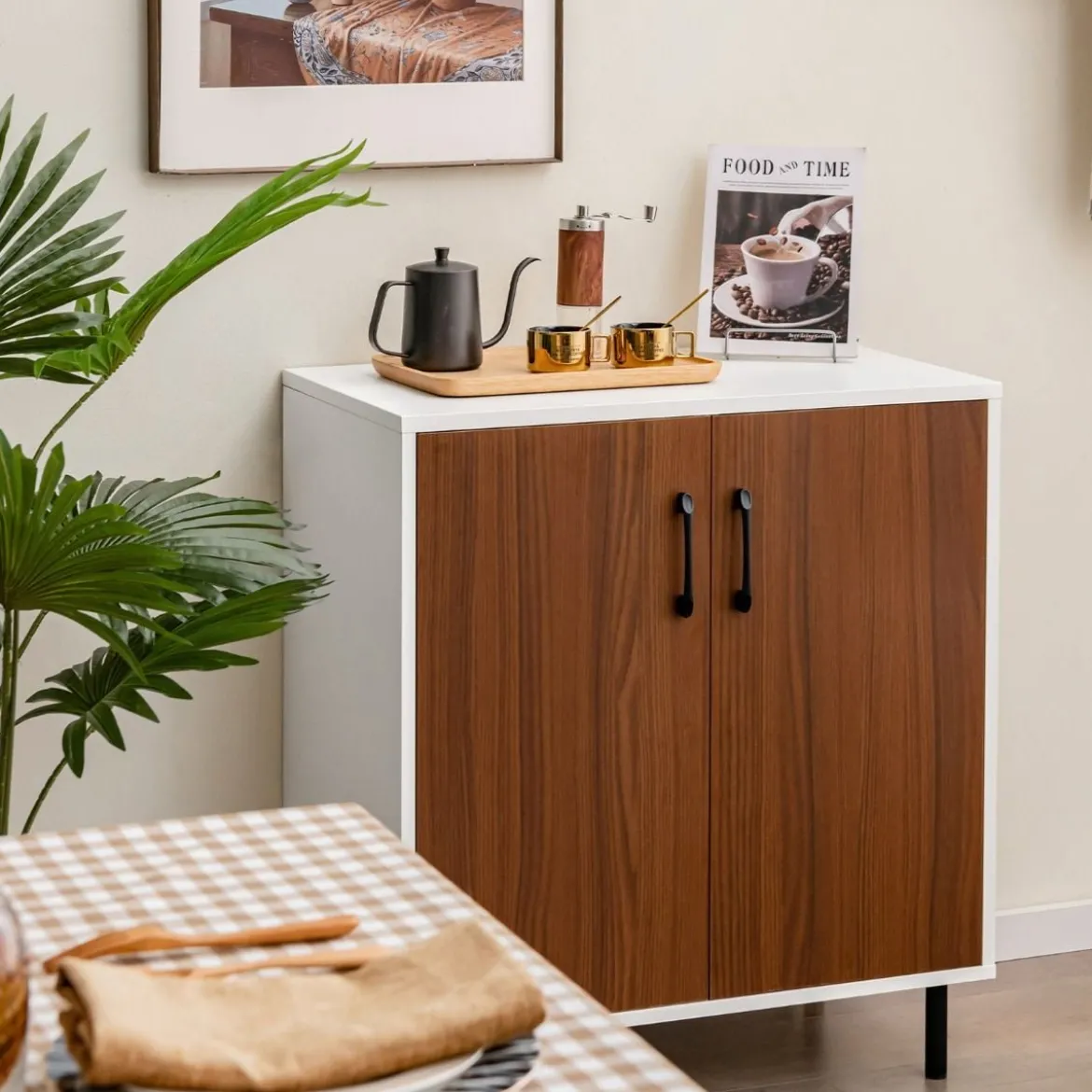 Küchen-Sideboard Buffetschrank aus Holz mit 2 Türen 72 x 40 x 80,5 cm Weiß + Walnuss
