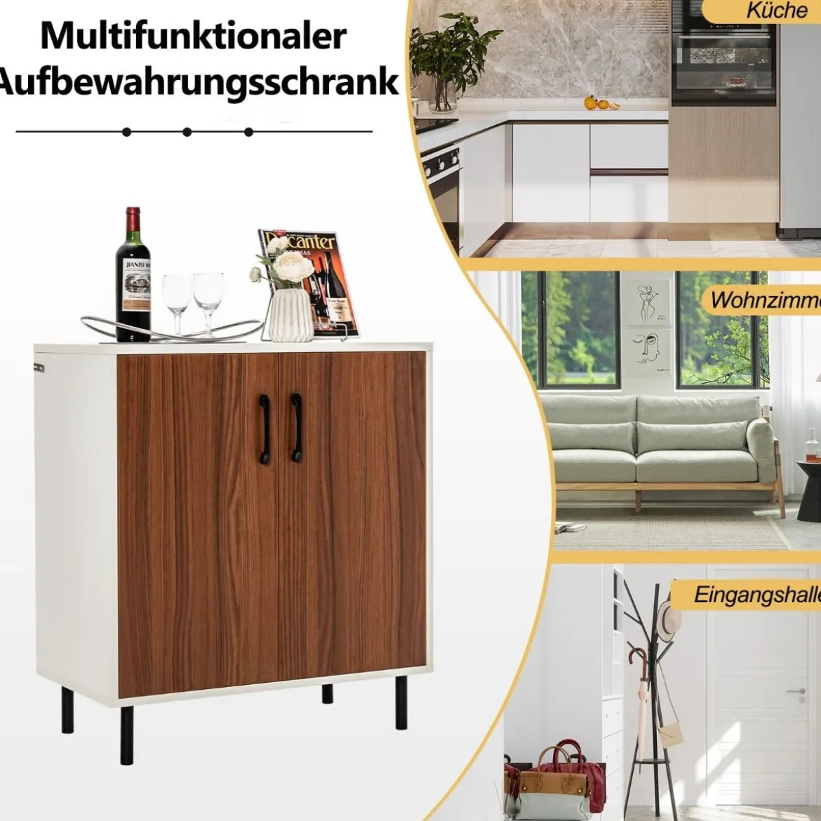 Küchen-Sideboard Buffetschrank aus Holz mit 2 Türen 72 x 40 x 80,5 cm Weiß + Walnuss