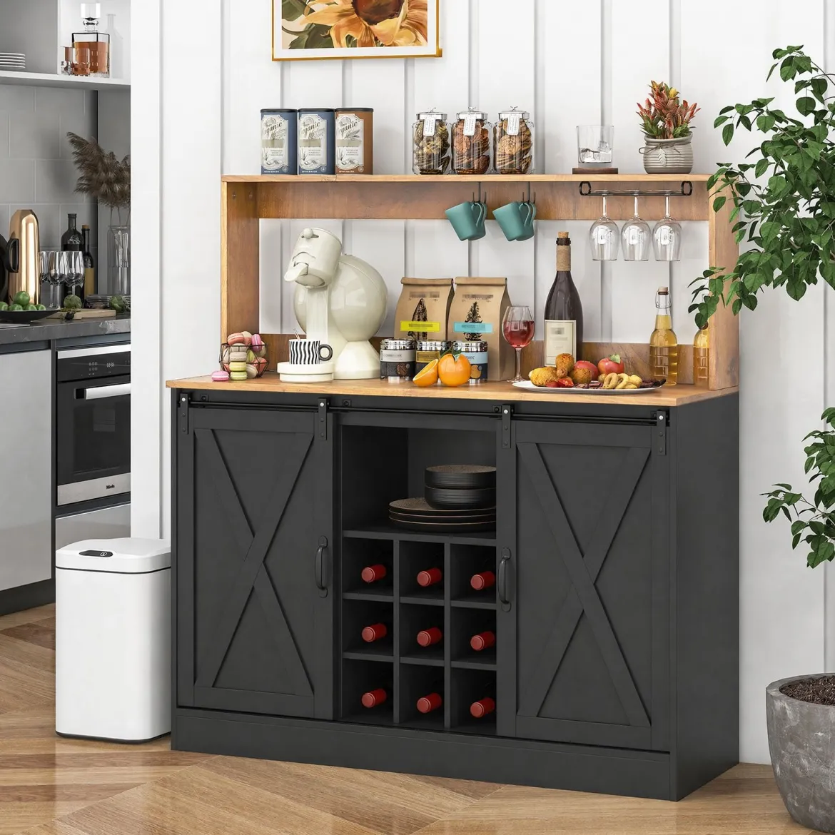 Küchen Sideboard im Farmhaus-Stil mit Ladestation & Weinregal & Glashaltern Weinschrank Schwarz