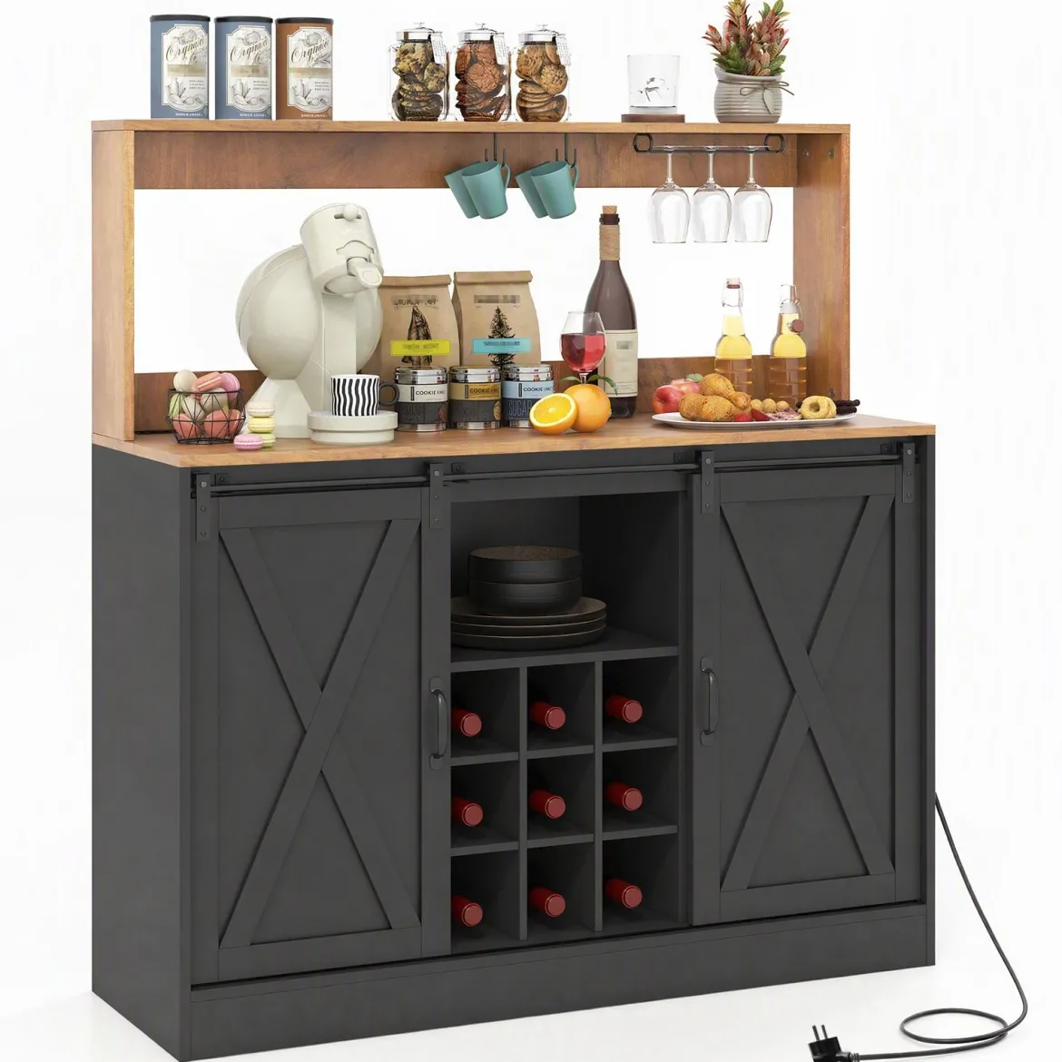 Küchen Sideboard im Farmhaus-Stil mit Ladestation & Weinregal & Glashaltern Weinschrank Schwarz
