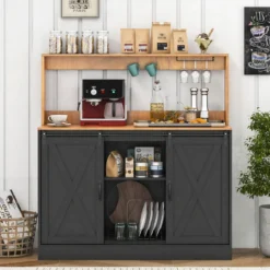 Küchen Sideboard im Farmhaus-Stil mit Ladestation & Weinregal & Glashaltern Weinschrank Schwarz