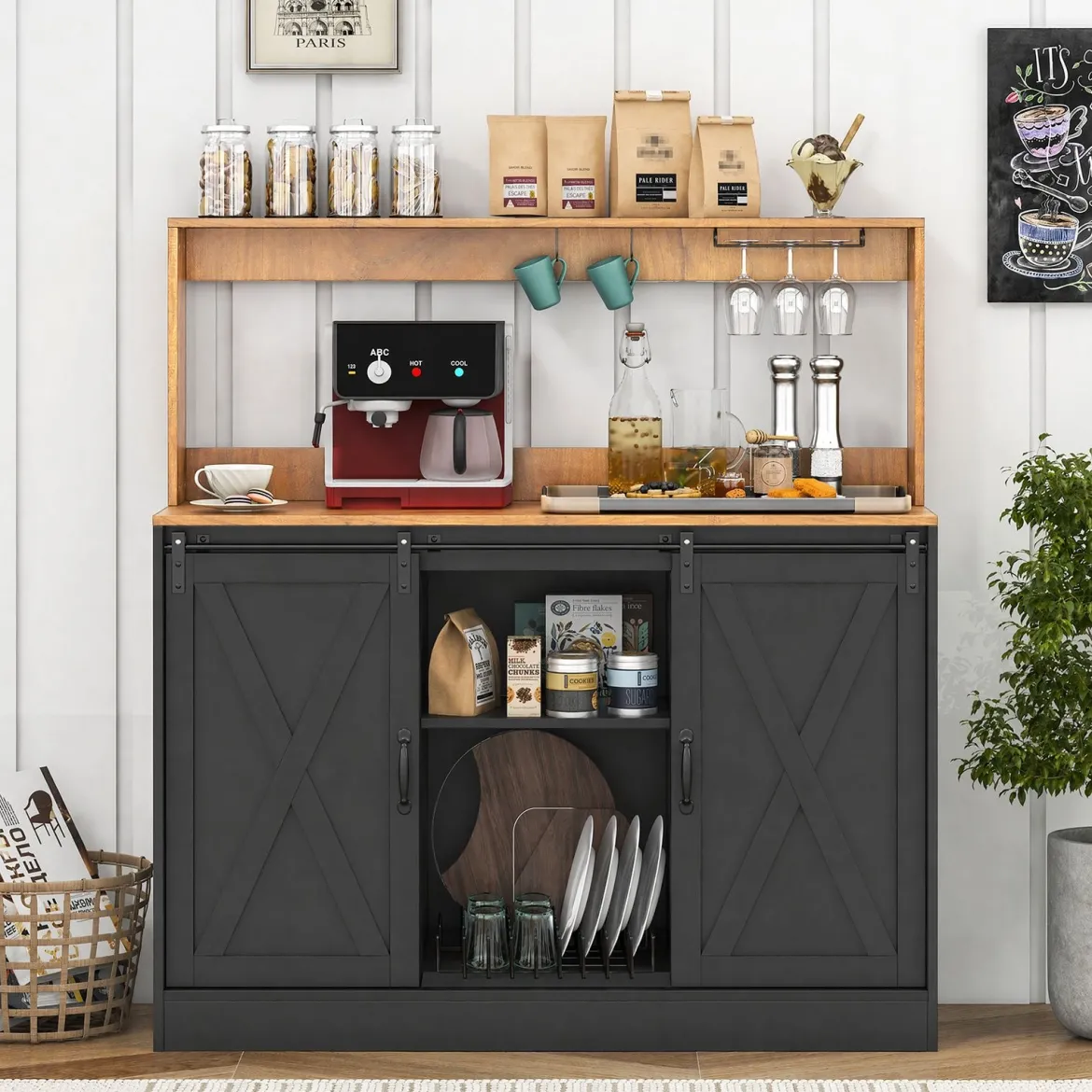 Küchen Sideboard im Farmhaus-Stil mit Ladestation & Weinregal & Glashaltern Weinschrank Schwarz