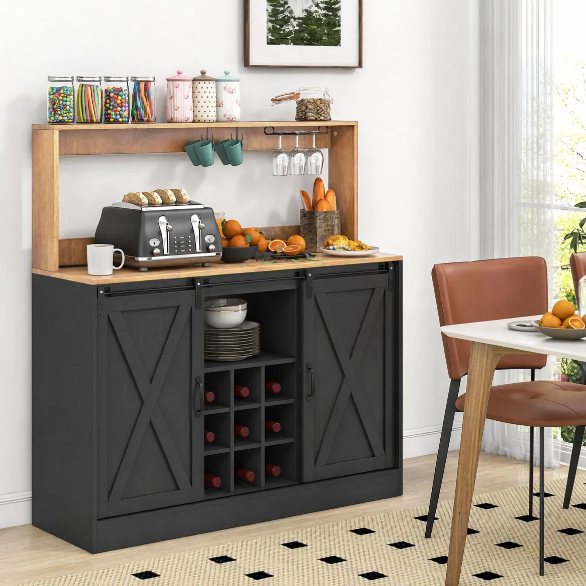 Küchen Sideboard im Farmhaus-Stil mit Ladestation & Weinregal & Glashaltern Weinschrank Schwarz