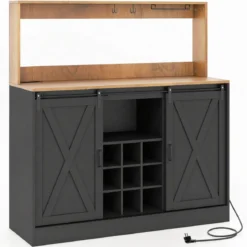 Küchen Sideboard im Farmhaus-Stil mit Ladestation & Weinregal & Glashaltern Weinschrank Schwarz