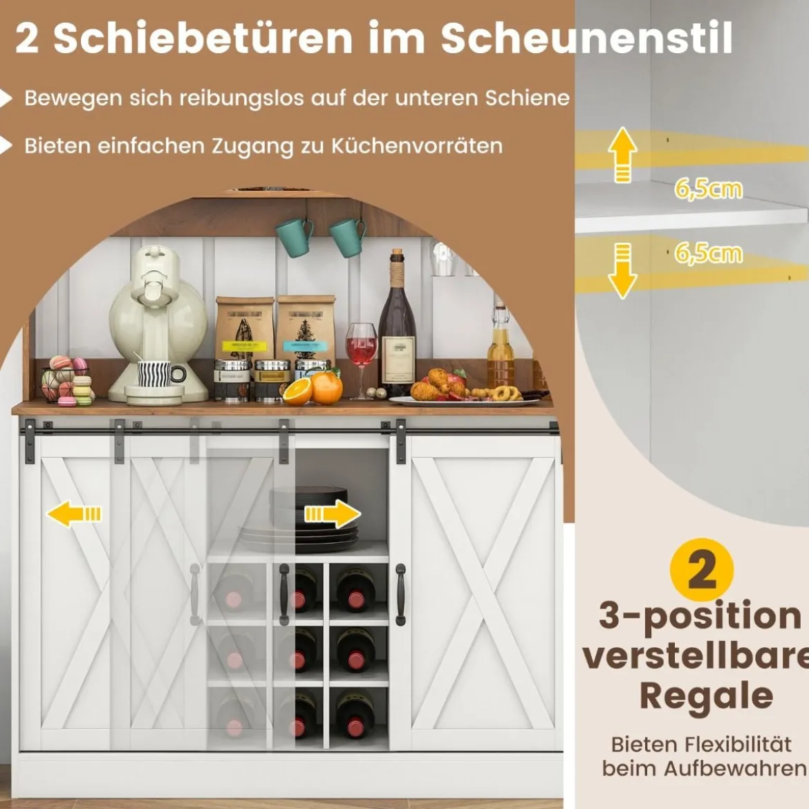 Küchen Sideboard im Farmhaus-Stil mit Ladestation & Weinregal & Glashaltern Weinschrank