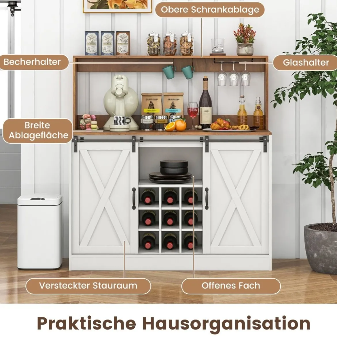 Küchen Sideboard im Farmhaus-Stil mit Ladestation & Weinregal & Glashaltern Weinschrank