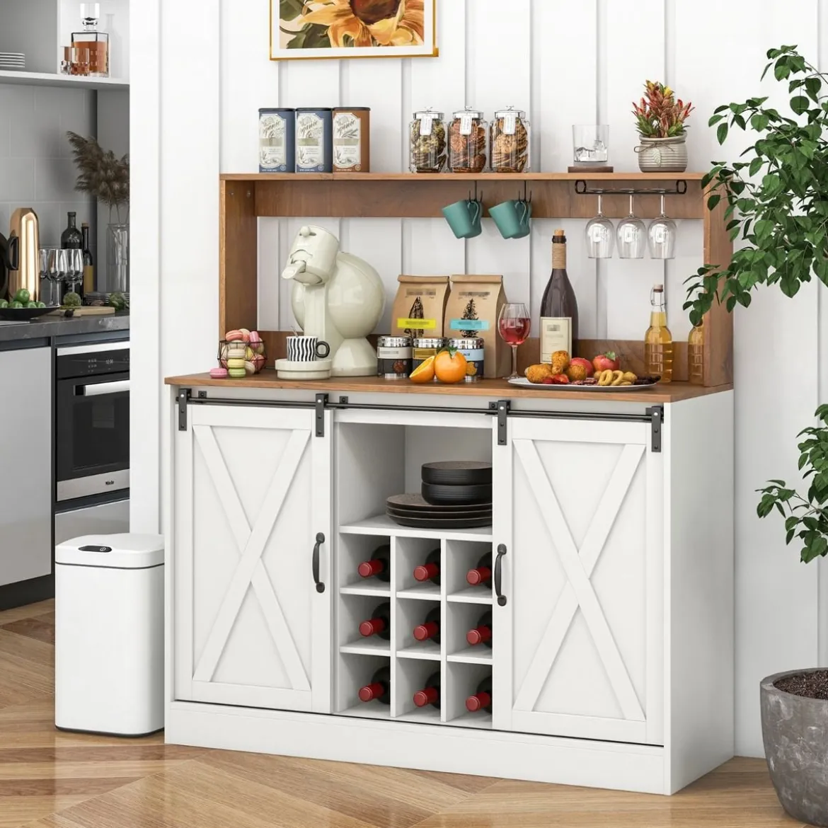 Küchen Sideboard im Farmhaus-Stil mit Ladestation & Weinregal & Glashaltern Weinschrank