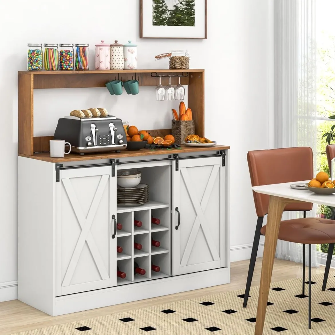Küchen Sideboard im Farmhaus-Stil mit Ladestation & Weinregal & Glashaltern Weinschrank