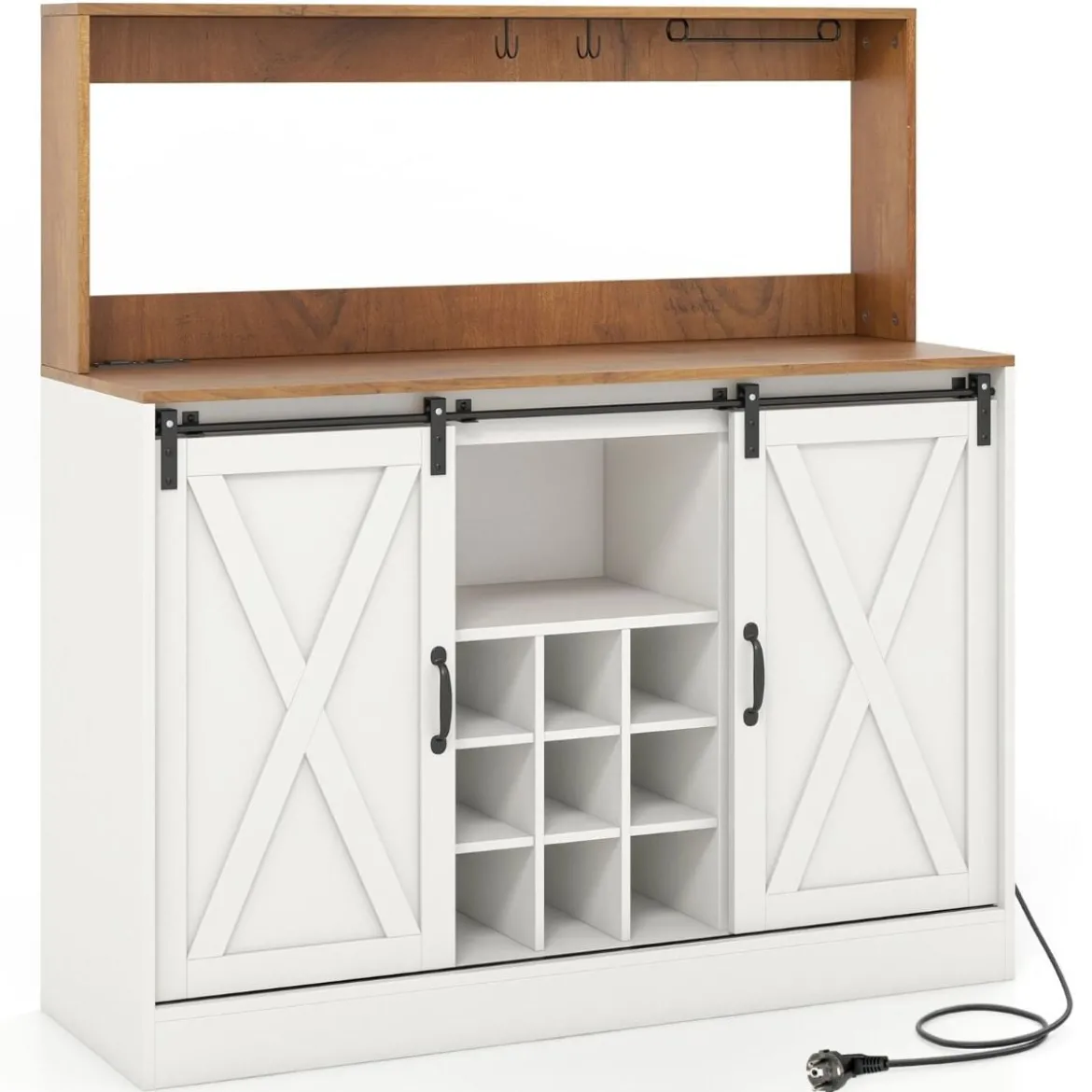 Küchen Sideboard im Farmhaus-Stil mit Ladestation & Weinregal & Glashaltern Weinschrank