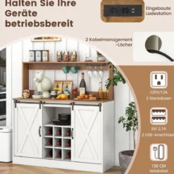 Küchen Sideboard im Farmhaus-Stil mit Ladestation & Weinregal & Glashaltern Weinschrank