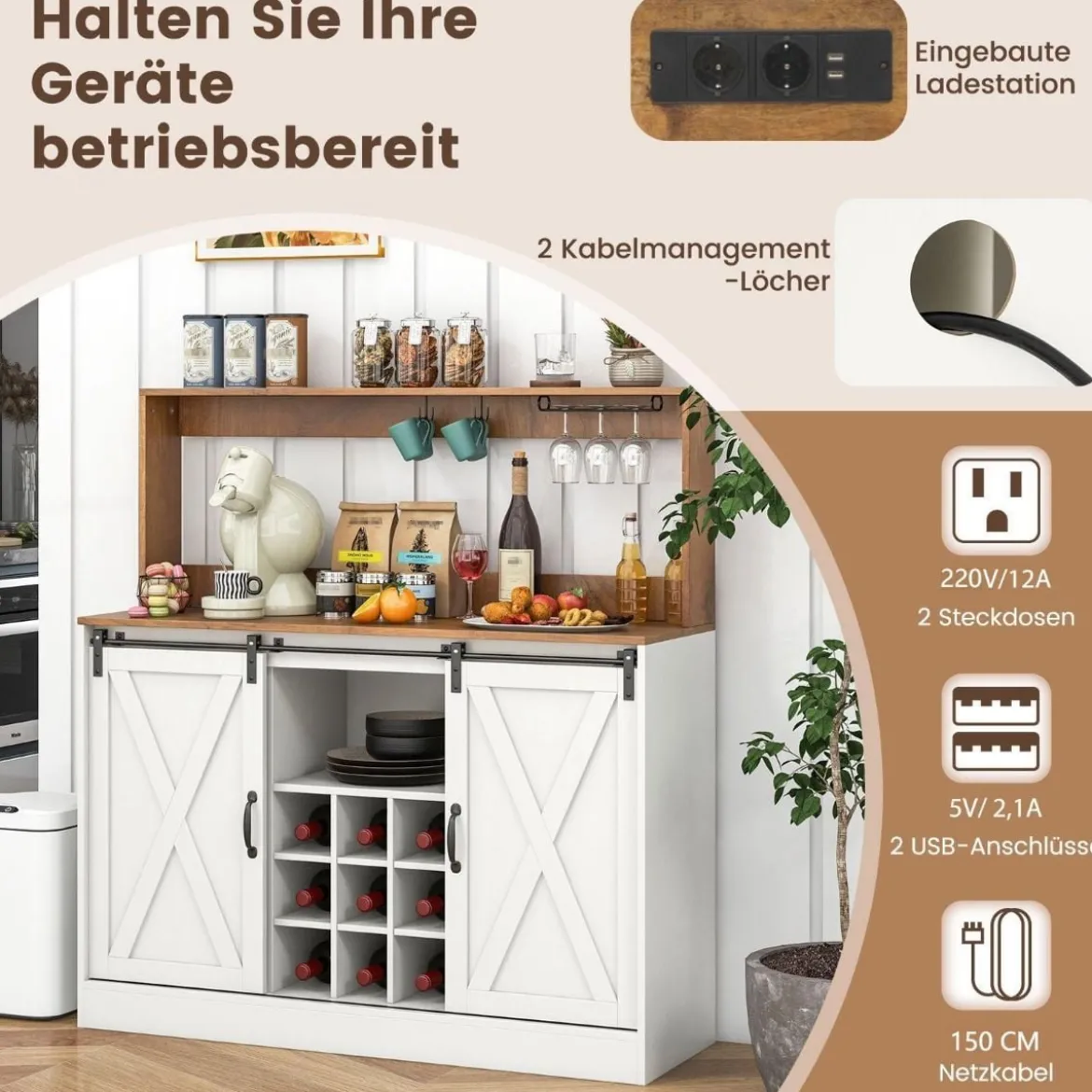 Küchen Sideboard im Farmhaus-Stil mit Ladestation & Weinregal & Glashaltern Weinschrank
