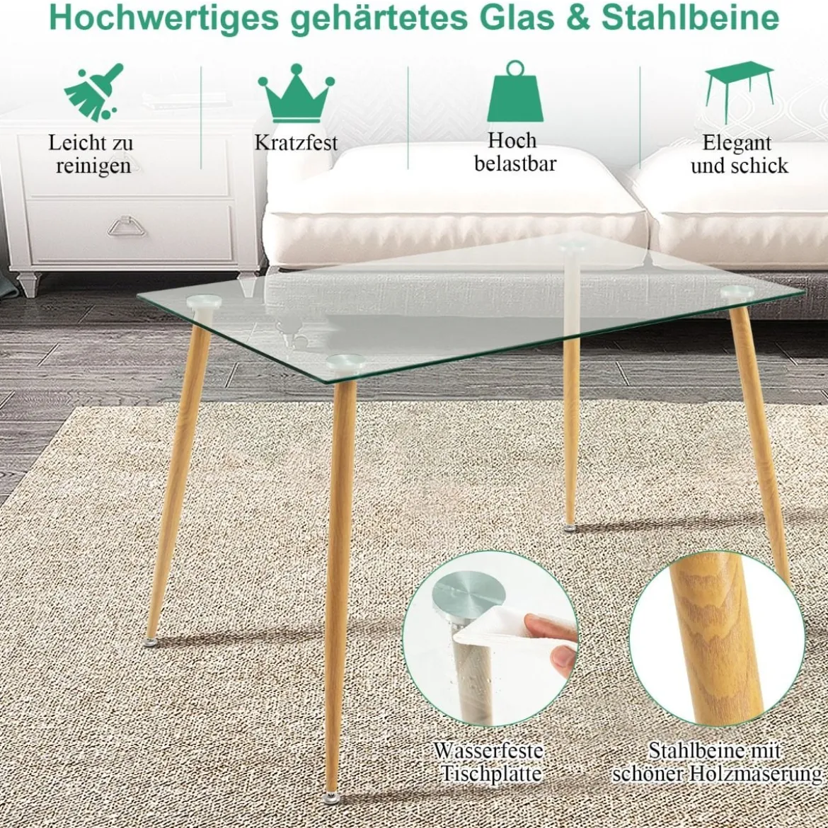 Küchentisch Moderner Esstisch mit Tischplatte aus Glas 110 x 70 x 75 cm Transparent + Natürlich