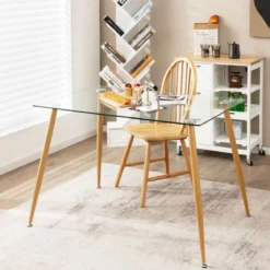 Küchentisch Moderner Esstisch mit Tischplatte aus Glas 110 x 70 x 75 cm Transparent + Natürlich